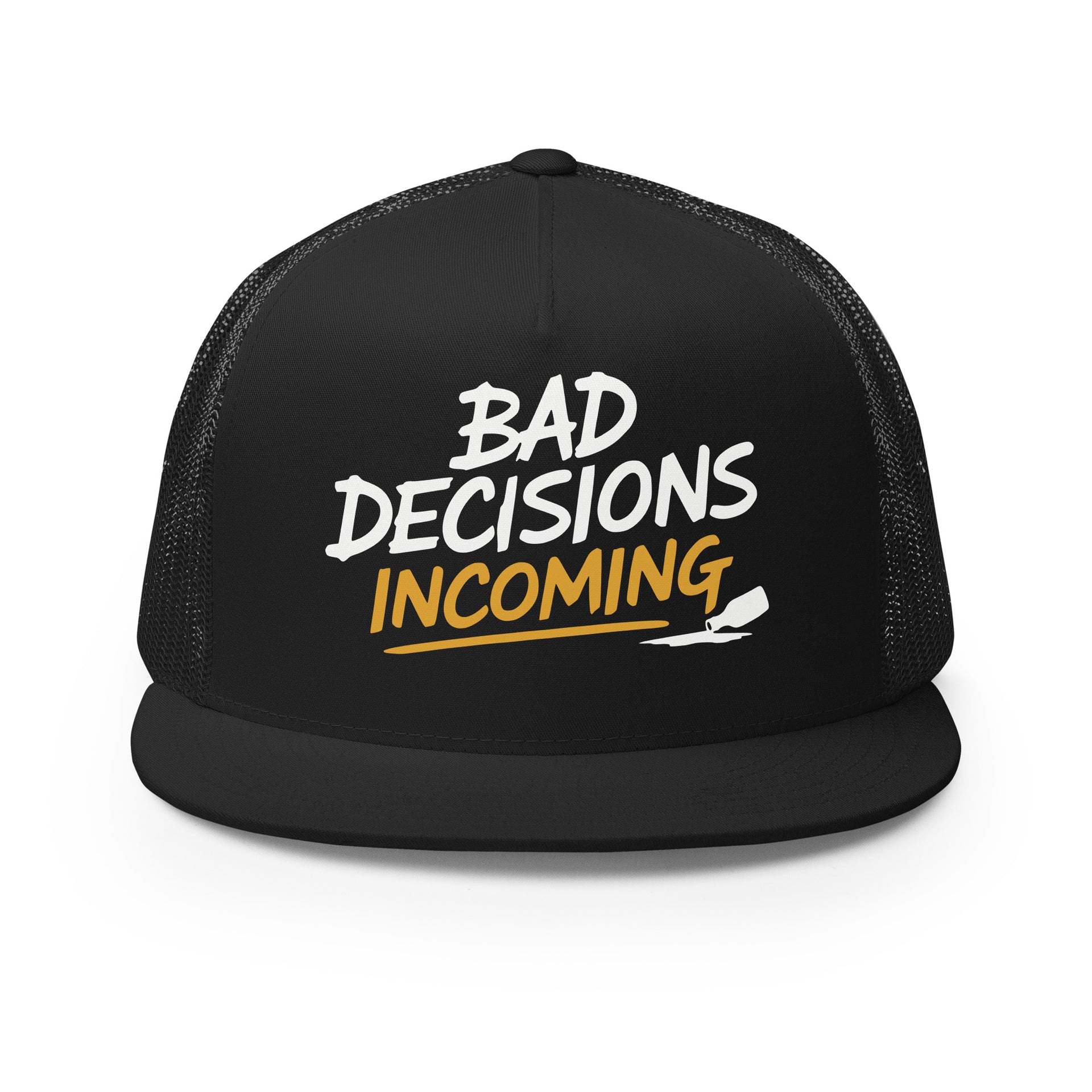 a black flat bill trucker hat with the phrase "Bad Decisions Incoming" funny spriong break, summer vacation, beach trip, bachelor or bachelorette party designroduct mockup