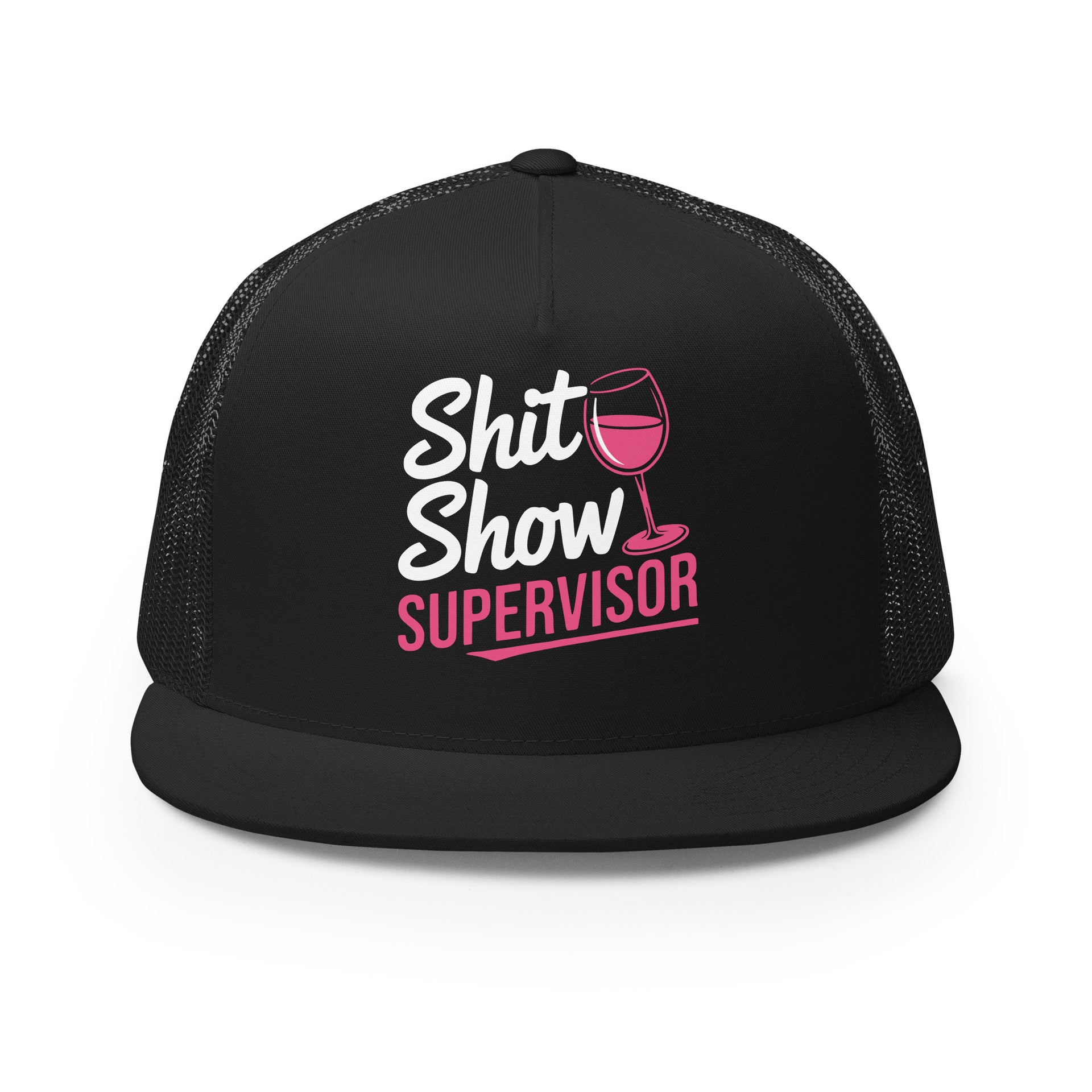 a black premium flat bill trucker hat with the phrase Shit Show Supervisor funny girls trip, beach vacation, spring break, summer vacations, lake days design