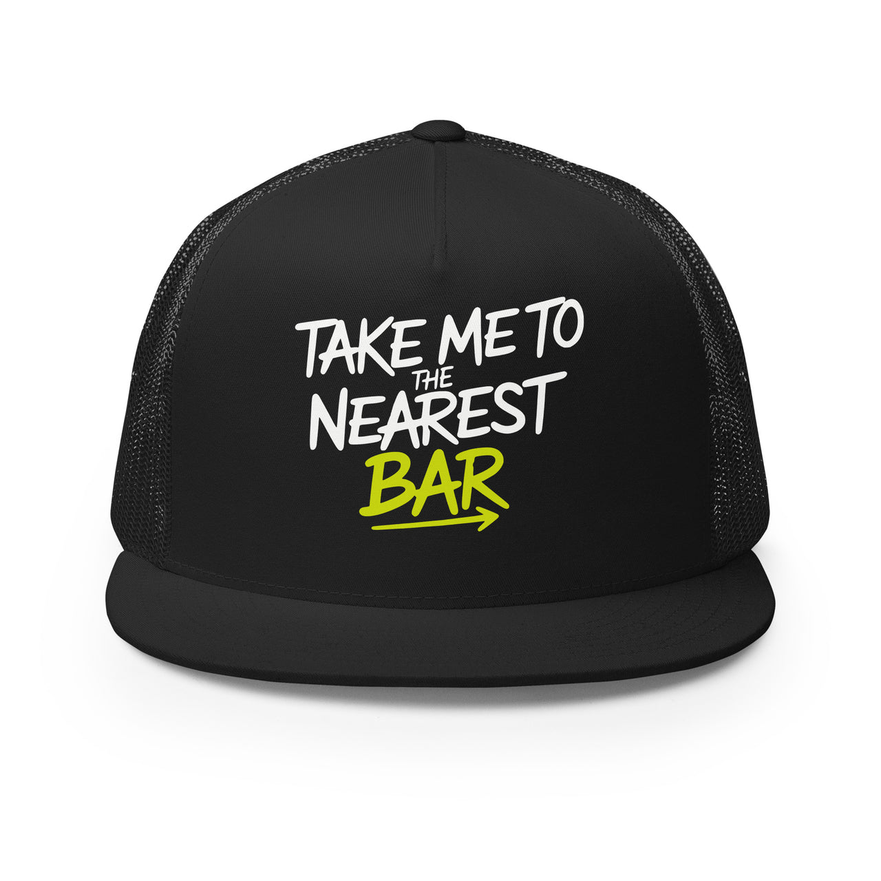 a premium black trucker hat with 'Take me to nearest bar' text spring break, beach trip, guys trip, girls trip, or beach vacation design