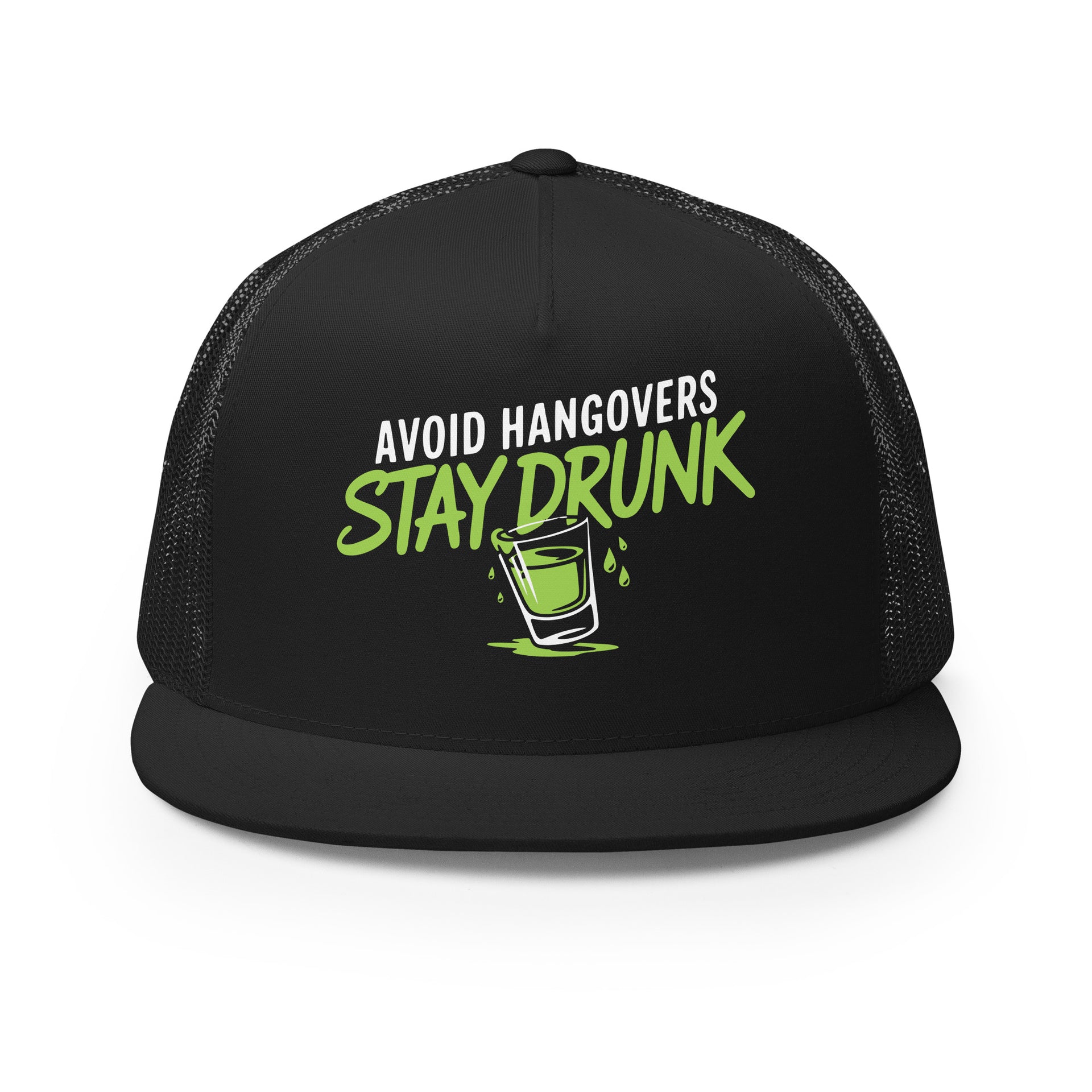 a black premium flat bill trucker hat with 'Avoid Hangovers Stay Drunk' text funny spring break, beach vacation, lake season, girls trip, guys trip, bachelor or bachelorette party design
