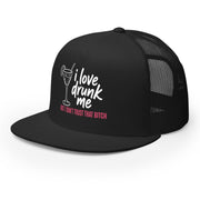 a black flat bill trucker hat with the phrase "I love drunk me, but I don't trust that bitch" funny spring break, girls trip, bachelorette party design
