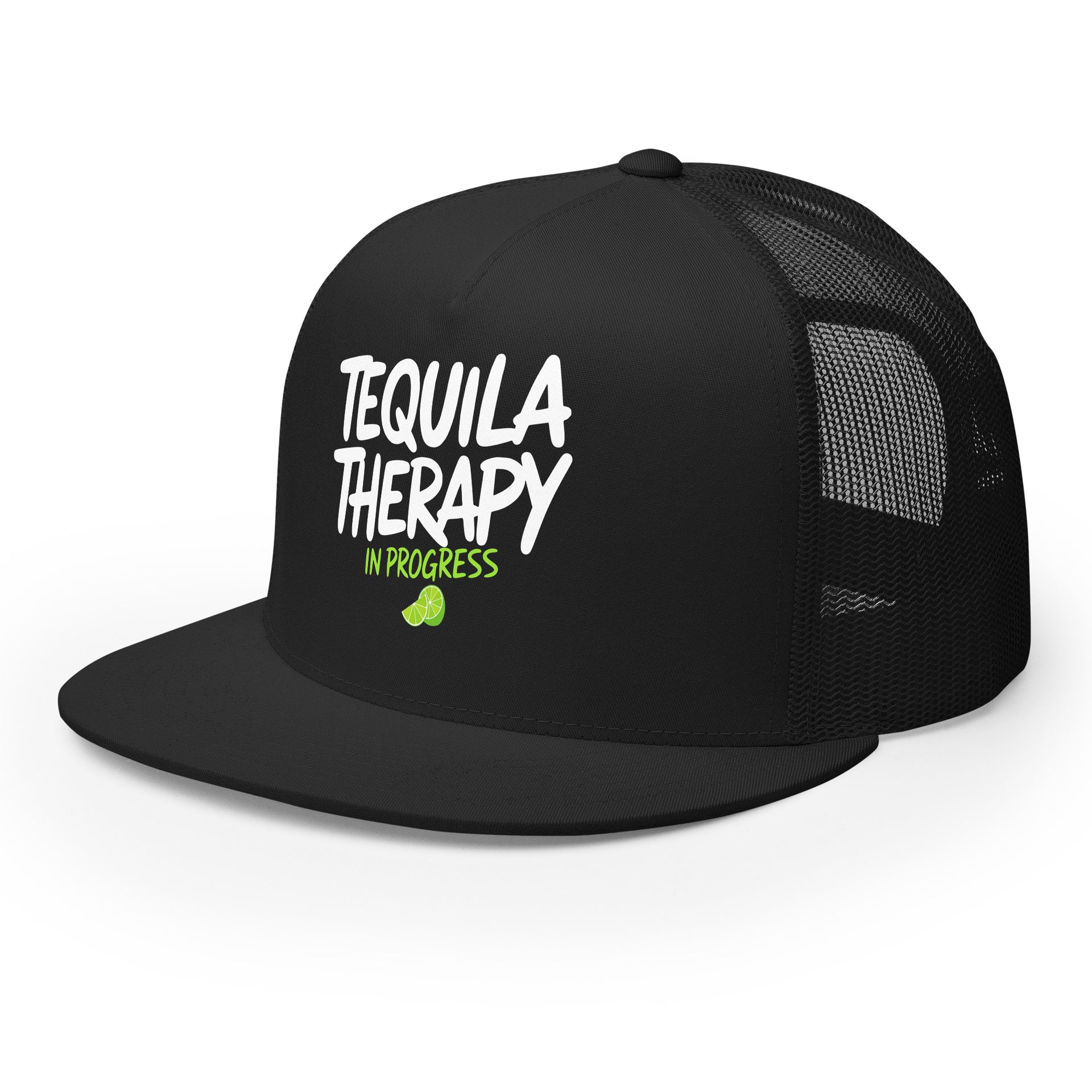 a black flat bill trucker hat with the phrase "Tequila Therapy in Progress" funny spring break, girls trip, cinco de mayo design