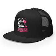 a black premium flat bill trucker hat with the phrase Shit Show Supervisor funny girls trip, beach vacation, spring break, summer vacations, lake days design