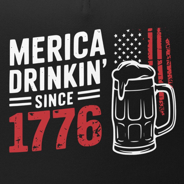 4th of July Trucker Hat – Merica Drinkin’ Since 1776 – Patriotic Mesh Snapback Cap