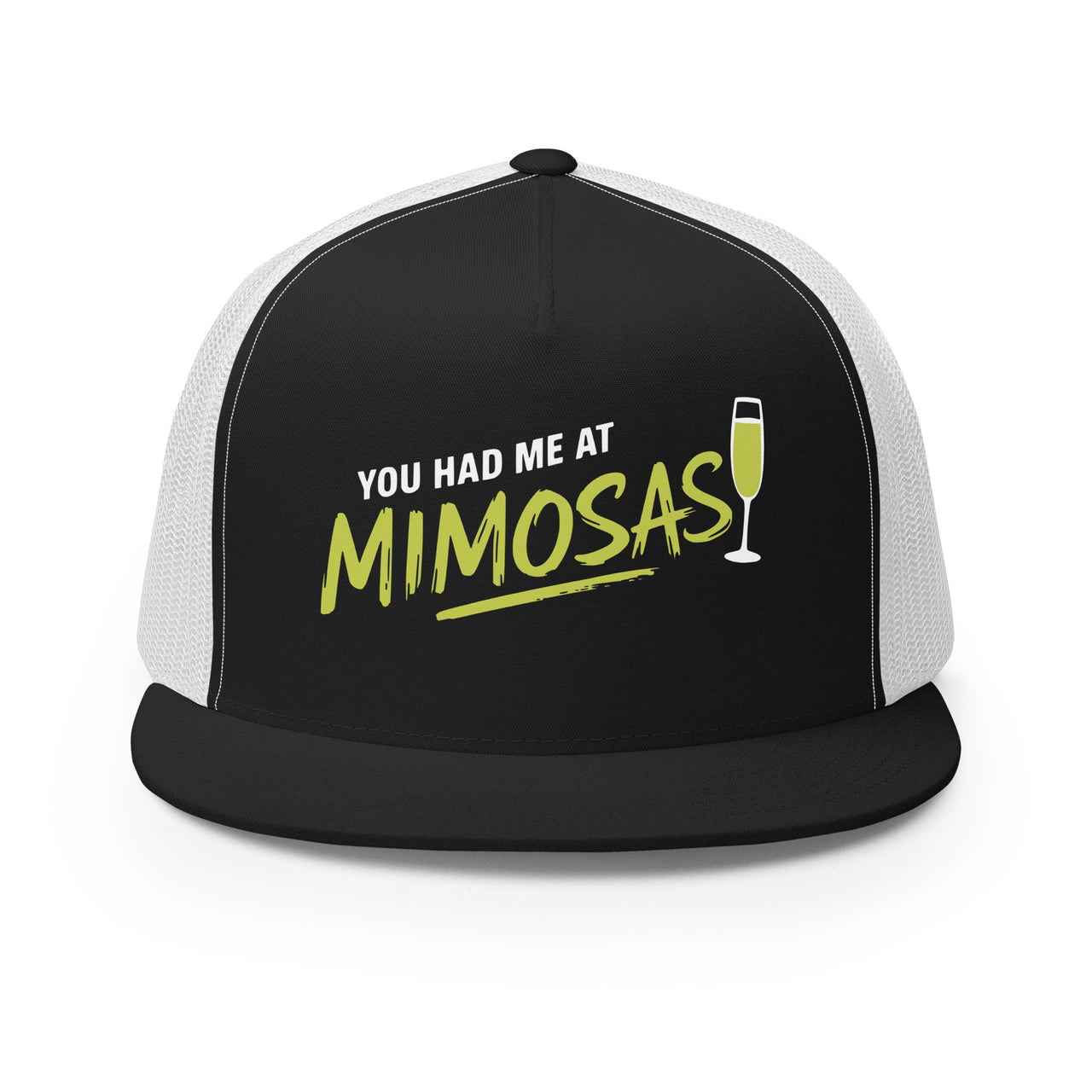 Black and white flat bill trucker cap with 'You Had Me at Mimosas' text and champagne glass for Spring Break, Girls Trips, or Bachelorette Parties