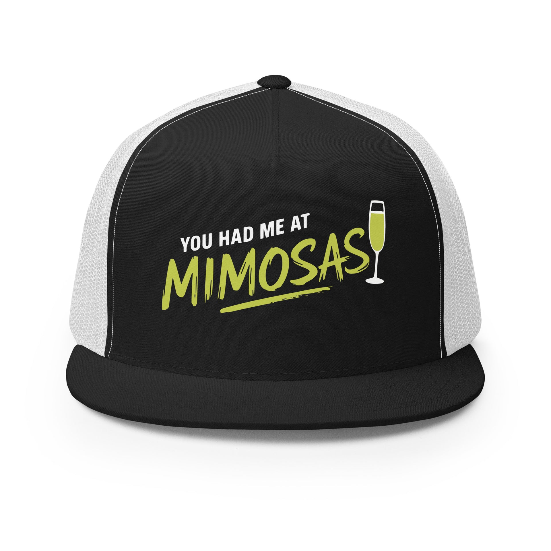 Black and white flat bill trucker cap with 'You Had Me at Mimosas' text and champagne glass for Spring Break, Girls Trips, or Bachelorette Parties