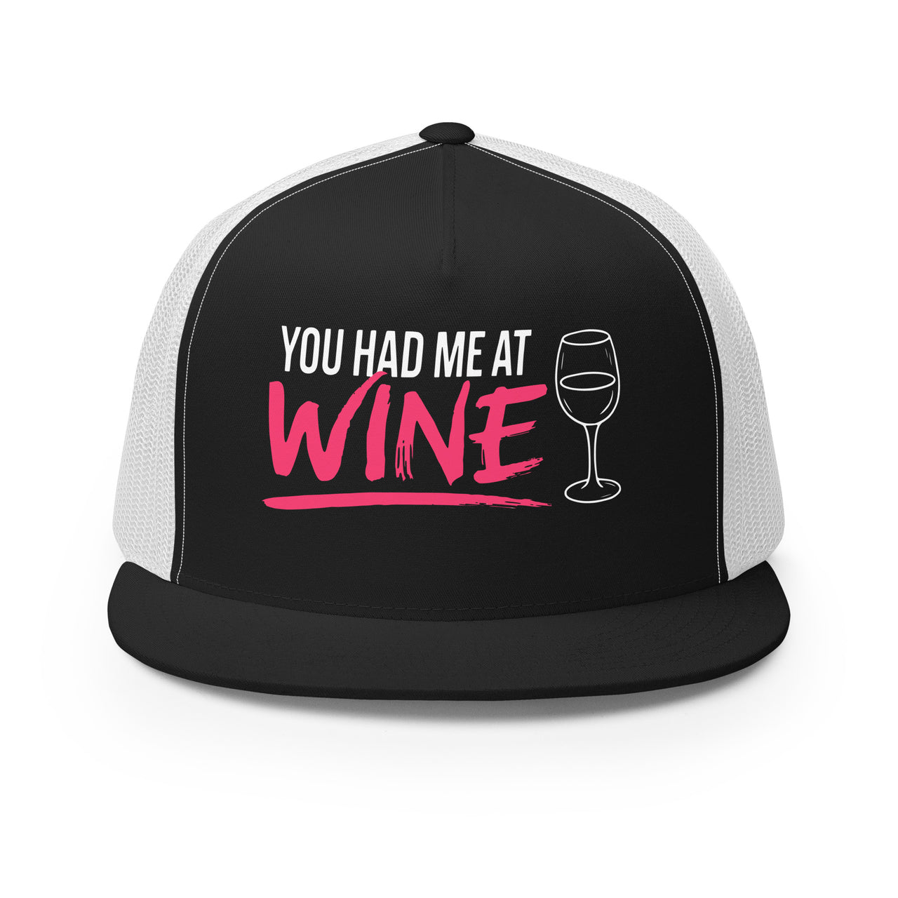 Black and white flat bill trucker hat with 'You Had Me at Wine' text and wine glass graphic funny spring break hat