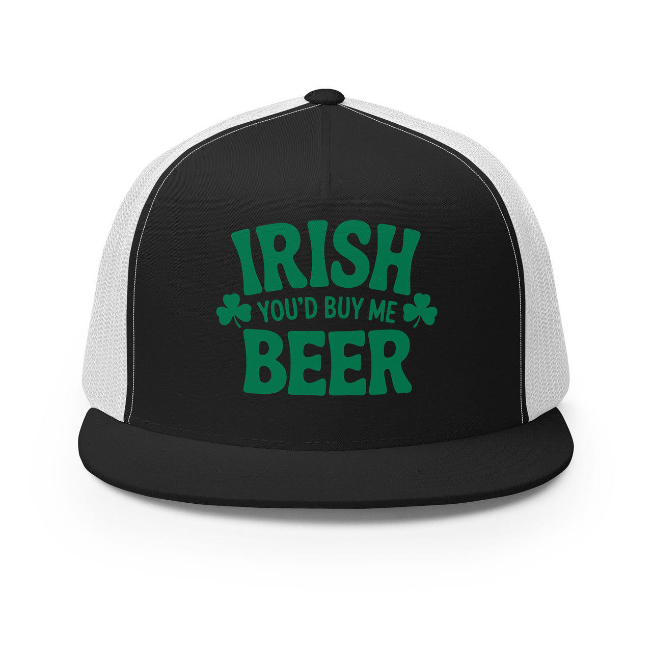  black and white flat bill trucker cap with  text 'Irish you'd buy me beer' funny st patricks day design