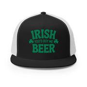  black and white flat bill trucker cap with  text 'Irish you'd buy me beer' funny st patricks day design