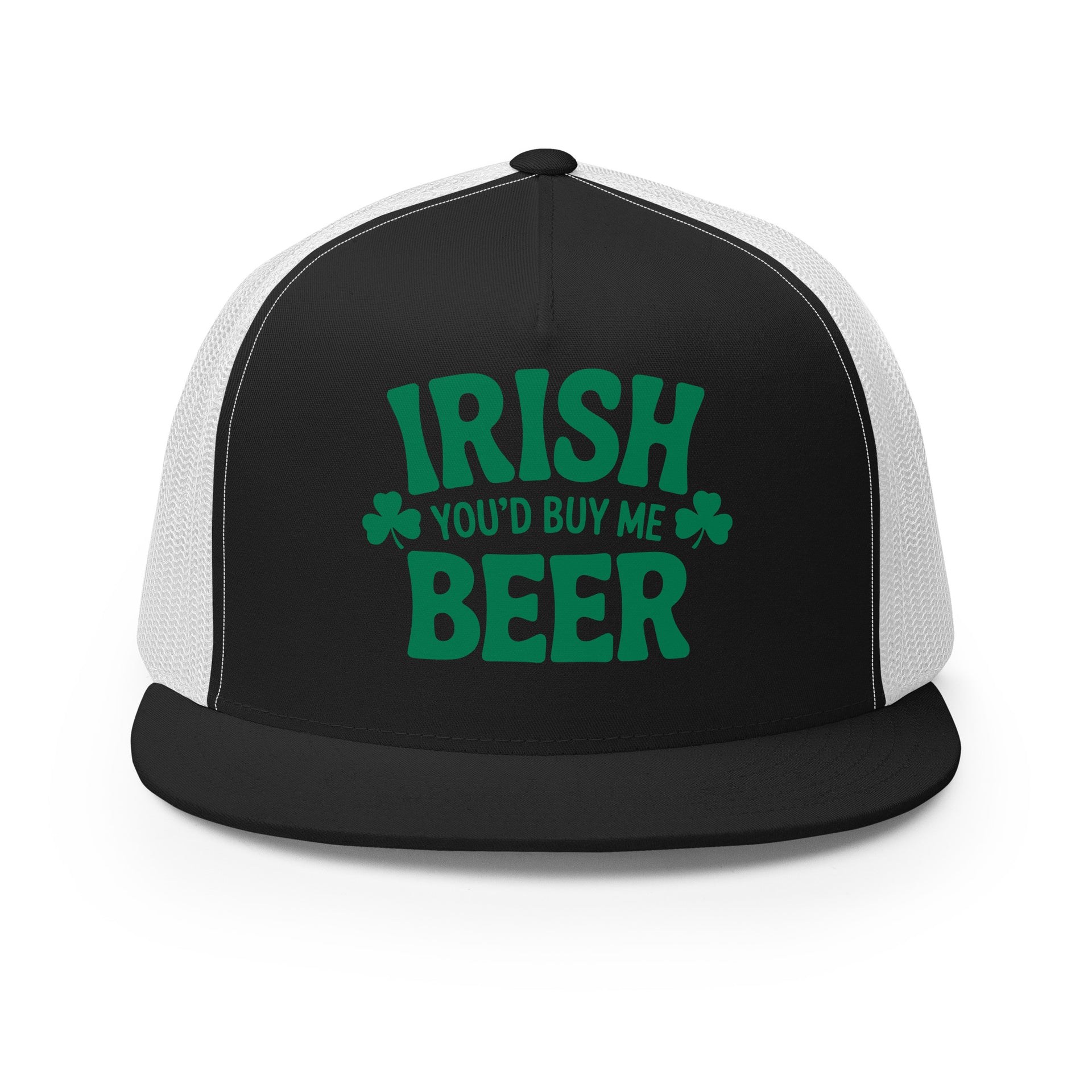  black and white flat bill trucker cap with  text 'Irish you'd buy me beer' funny st patricks day design