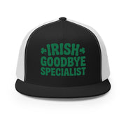 Black and white flat bill trucker hat  with the text "Irish Goodbye Specialist" funny St Patricks Day design