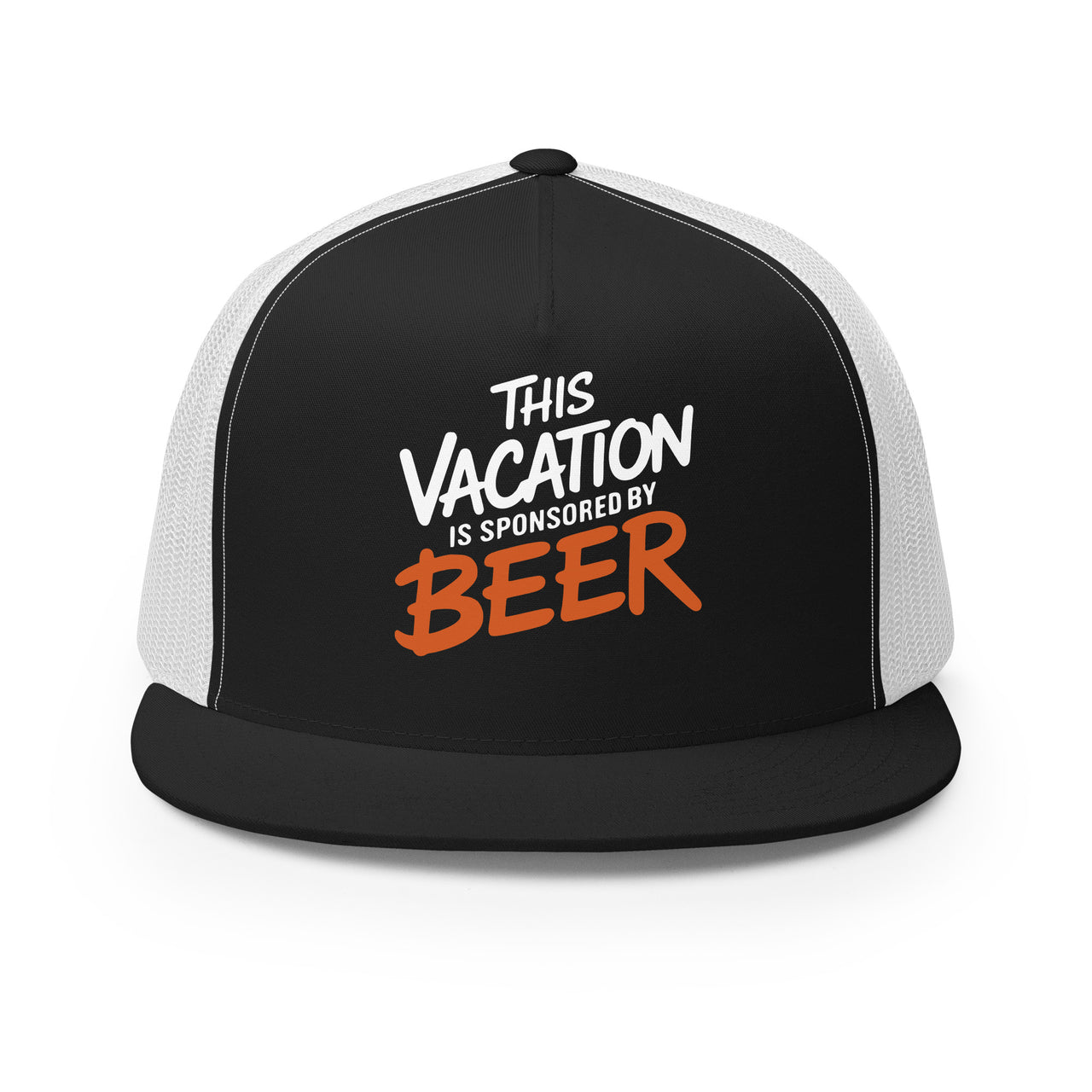 Black and white flat bill trucker hat with the phrase 'This Vacation is Sponsored by Beer' funny spring break, summer vacation, girls trip, bachelor party, and lake season design