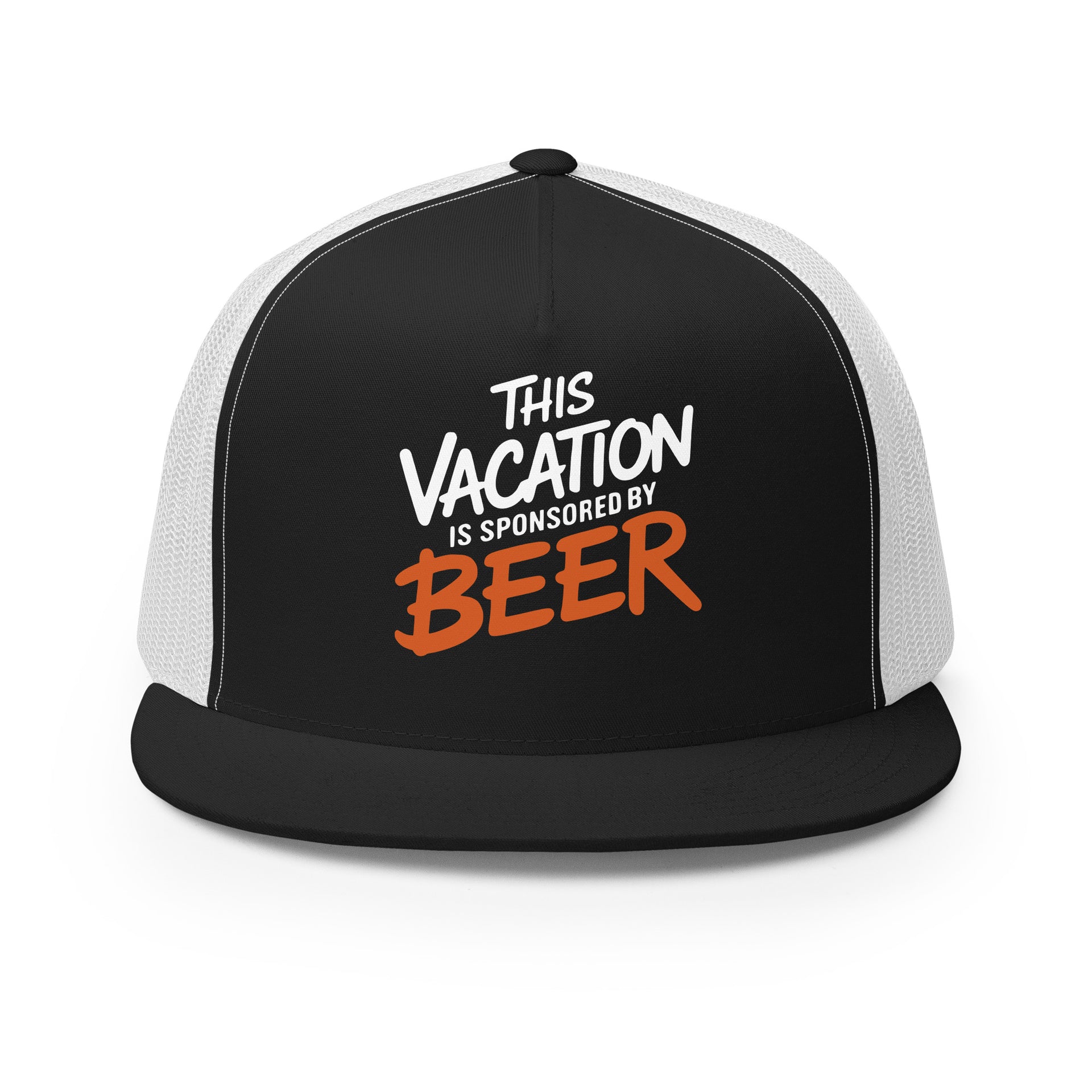 Black and white flat bill trucker hat with the phrase 'This Vacation is Sponsored by Beer' funny spring break, summer vacation, girls trip, bachelor party, and lake season design