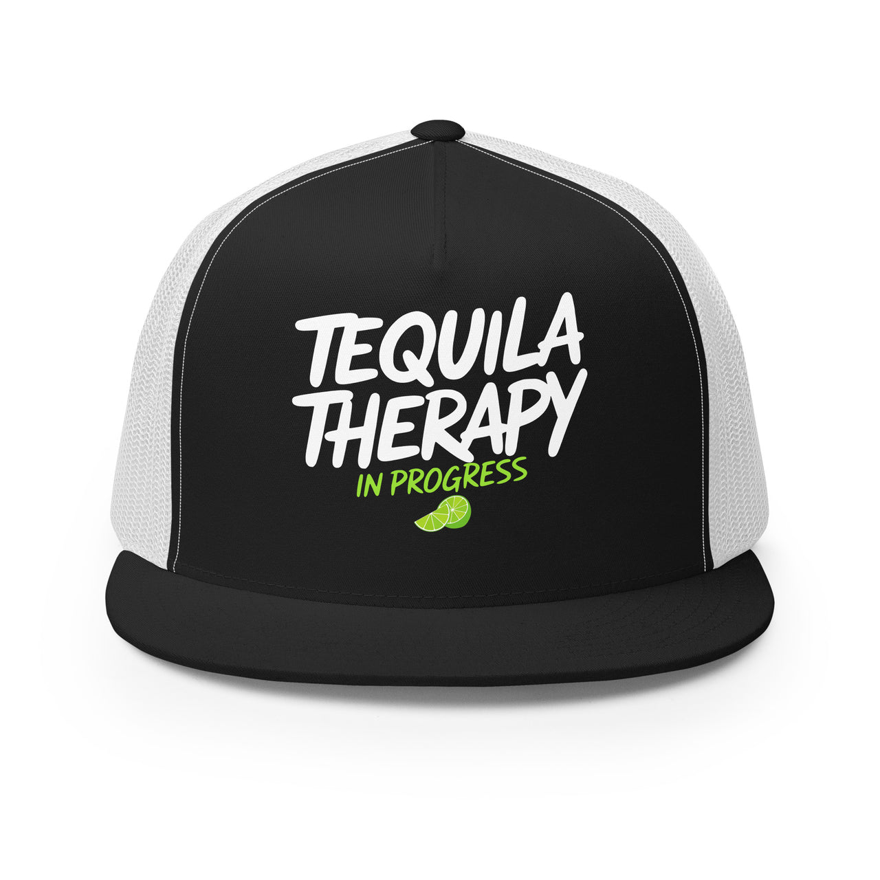 a black and white flat bill trucker hat with the phrase "Tequila Therapy in Progress" funny spring break, girls trip, cinco de mayo design