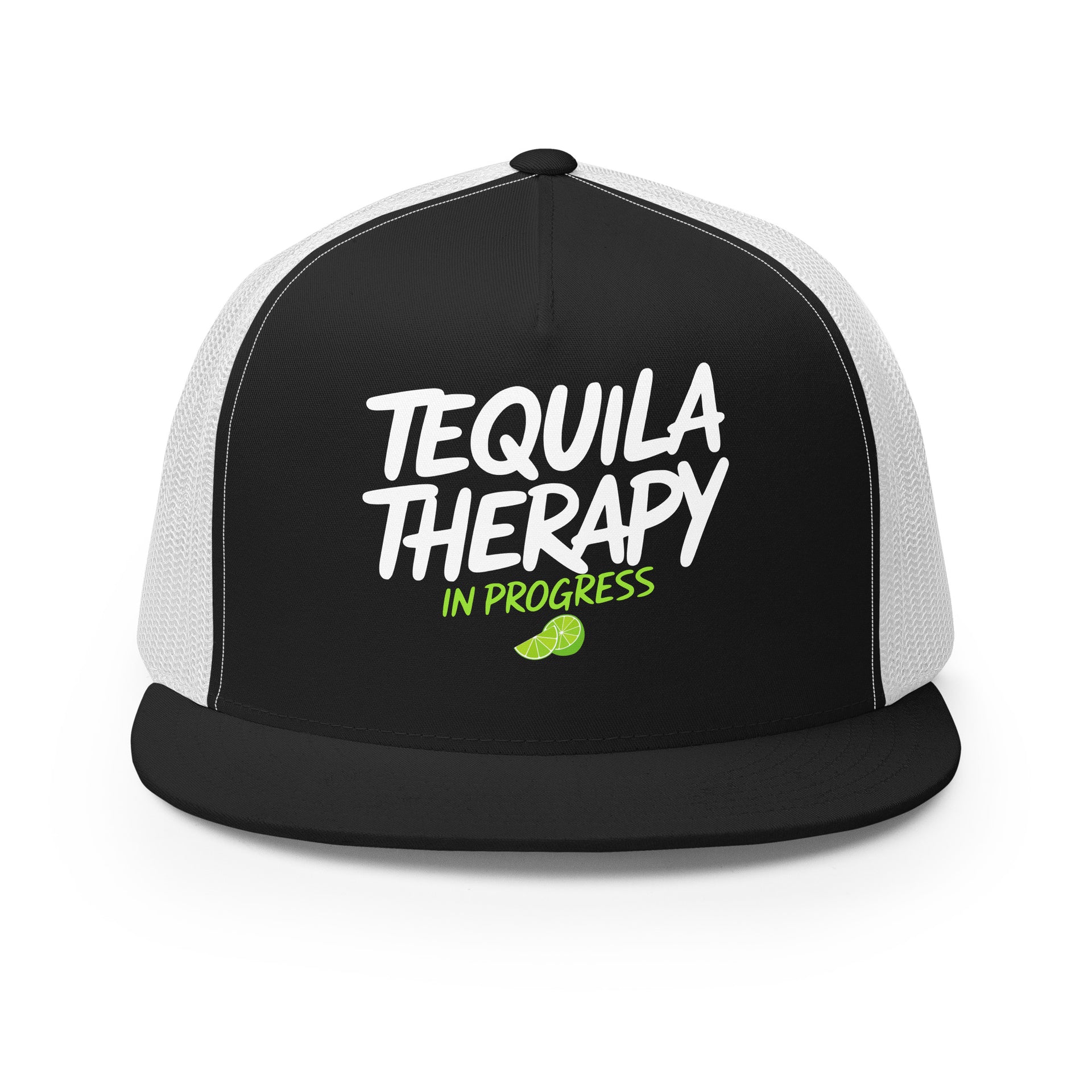a black and white flat bill trucker hat with the phrase "Tequila Therapy in Progress" funny spring break, girls trip, cinco de mayo design