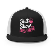 a black and white premium flat bill trucker hat with the phrase SHit Show Supervisor funny girls trip, beach vacation, spring break, summer vacations, lake days design