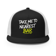 a premium black and white trucker hat with 'Take me to nearest bar' text spring break, beach trip, guys trip, girls trip, or beach vacation design