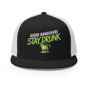 a black and white premium flat bill trucker hat with 'Avoid Hangovers Stay Drunk' text funny spring break, beach vacation, lake season, girls trip, guys trip, bachelor or bachelorette party design