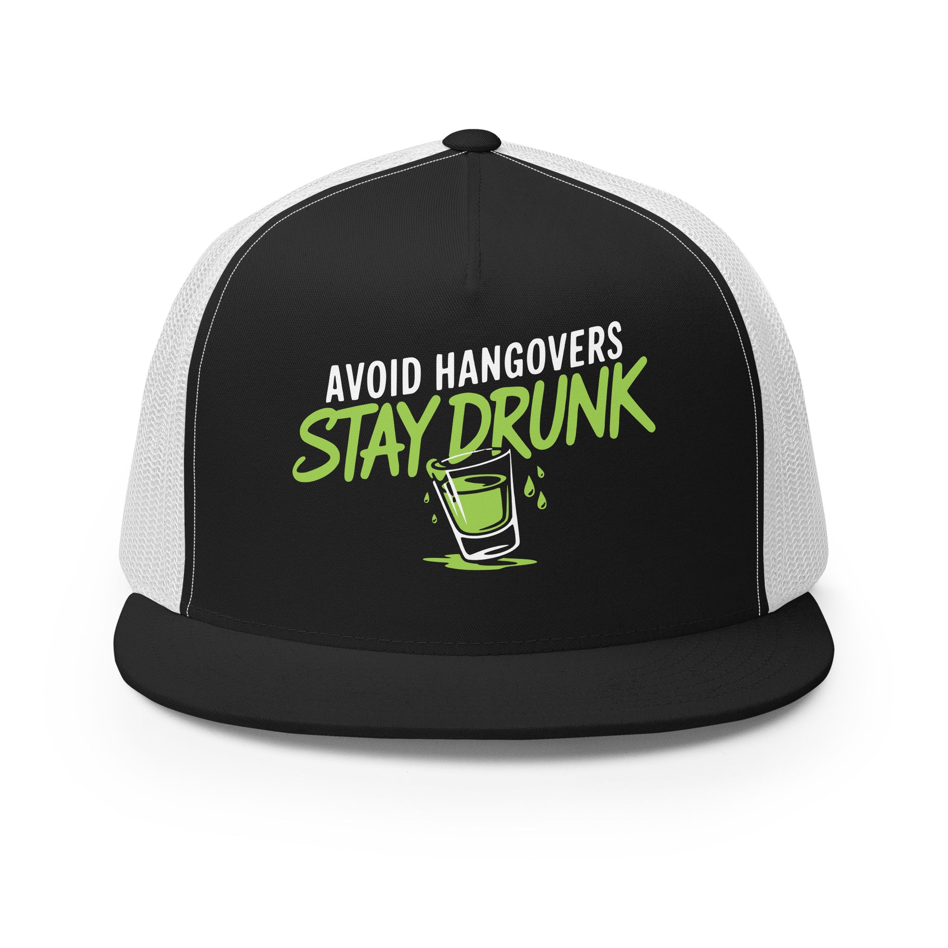 a black and white premium flat bill trucker hat with 'Avoid Hangovers Stay Drunk' text funny spring break, beach vacation, lake season, girls trip, guys trip, bachelor or bachelorette party design