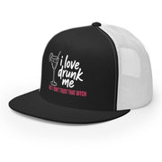 a black and white flat bill trucker hat with the phrase "I love drunk me, but I don't trust that bitch" funny spring break, girls trip, bachelorette party design