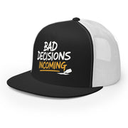 a black and white flat bill trucker hat with the phrase "Bad Decisions Incoming" funny spriong break, summer vacation, beach trip, bachelor or bachelorette party design