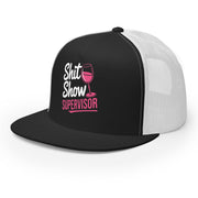 a black and white premium flat bill trucker hat with the phrase SHit Show Supervisor funny girls trip, beach vacation, spring break, summer vacations, lake days design