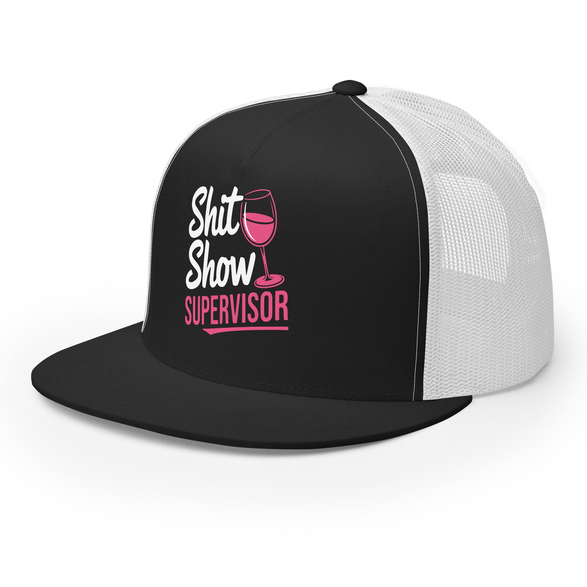 a black and white premium flat bill trucker hat with the phrase SHit Show Supervisor funny girls trip, beach vacation, spring break, summer vacations, lake days design