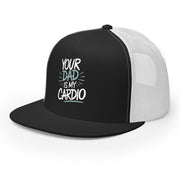 a black and white premium flat bill trucker hat with 'Your Dad is My Cardio' text funny spring break, summer vacation, girls trip, lake days, bachelorette trip design