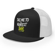 a premium black and white trucker hat with 'Take me to nearest bar' text spring break, beach trip, guys trip, girls trip, or beach vacation design