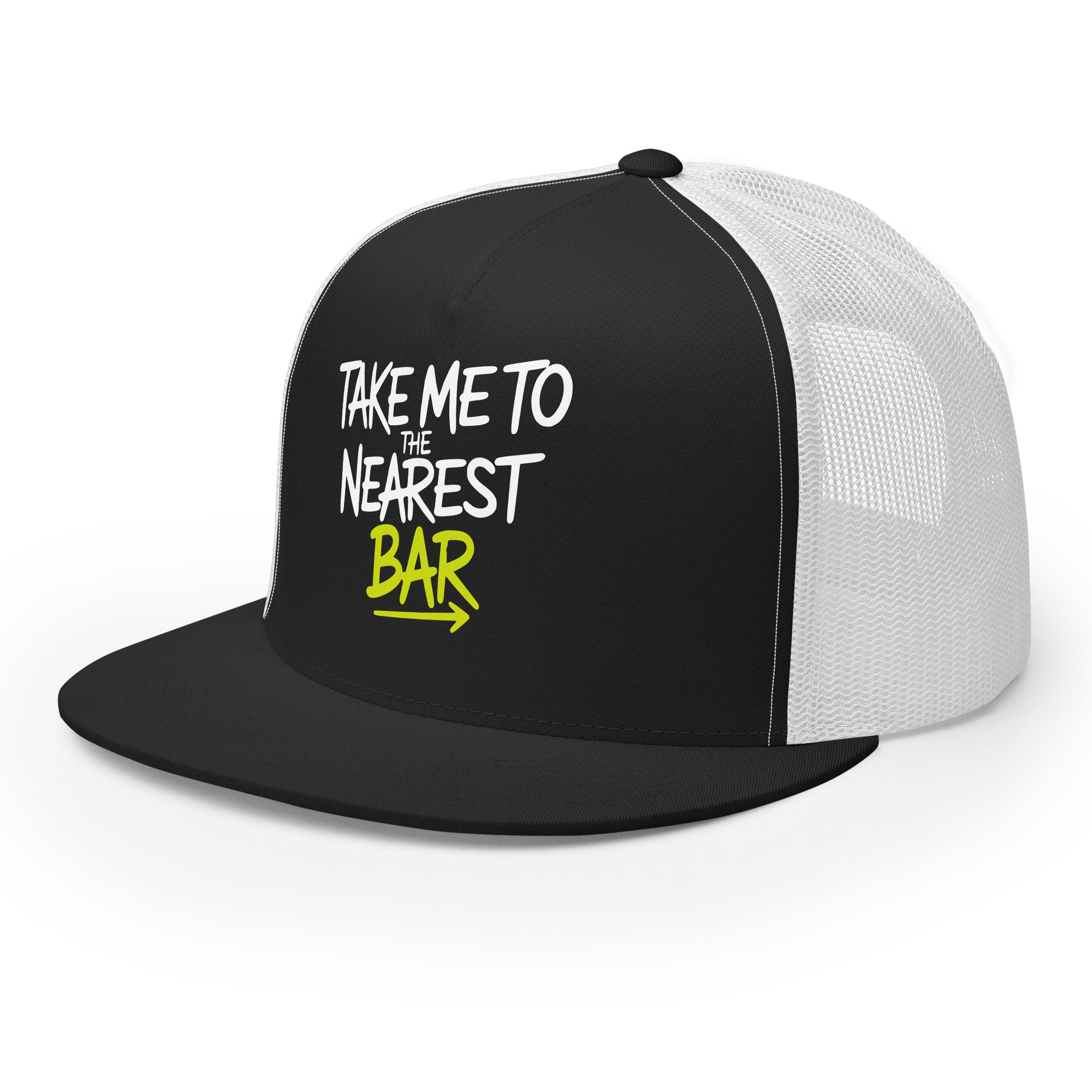 a premium black and white trucker hat with 'Take me to nearest bar' text spring break, beach trip, guys trip, girls trip, or beach vacation design