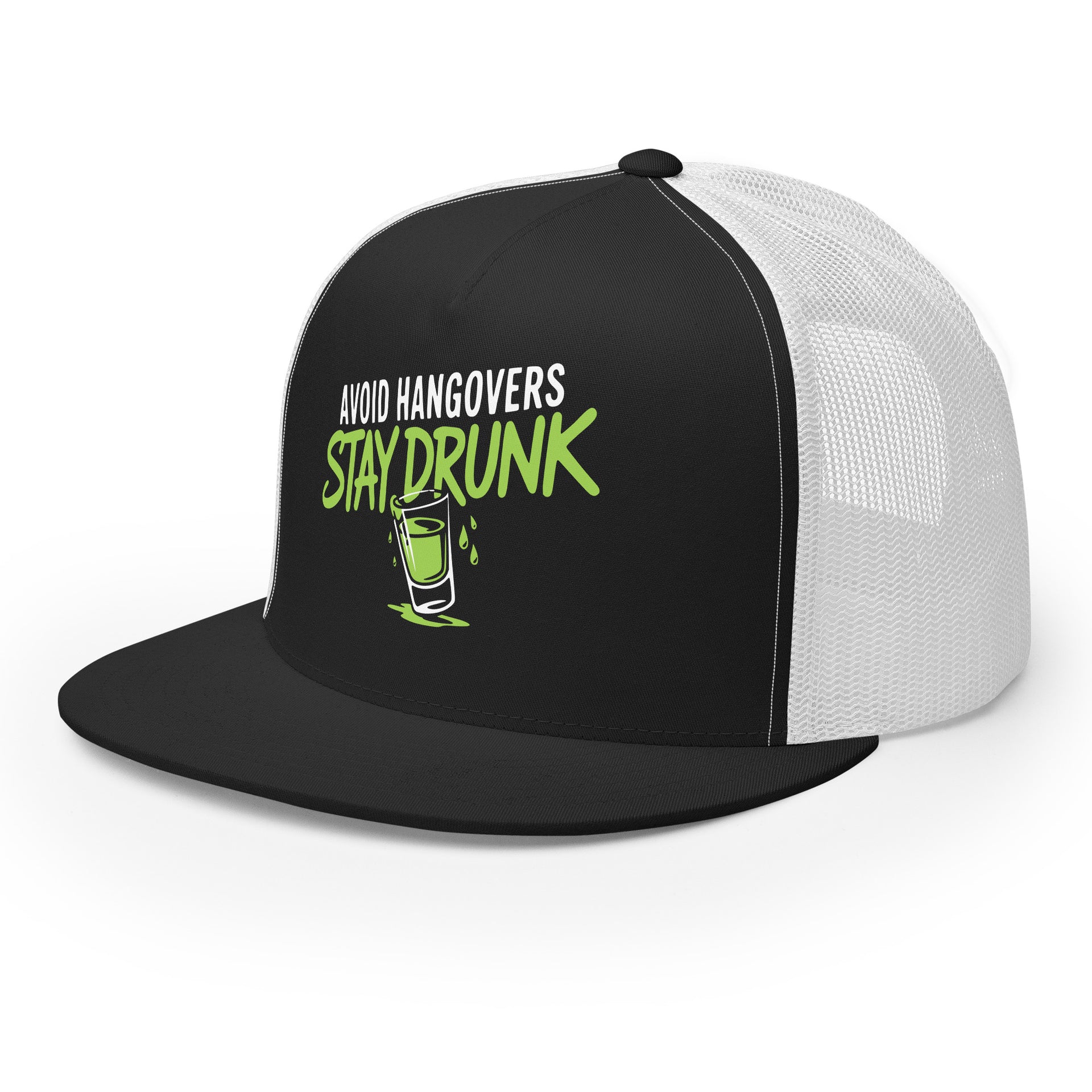 a black and white premium flat bill trucker hat with 'Avoid Hangovers Stay Drunk' text funny spring break, beach vacation, lake season, girls trip, guys trip, bachelor or bachelorette party design