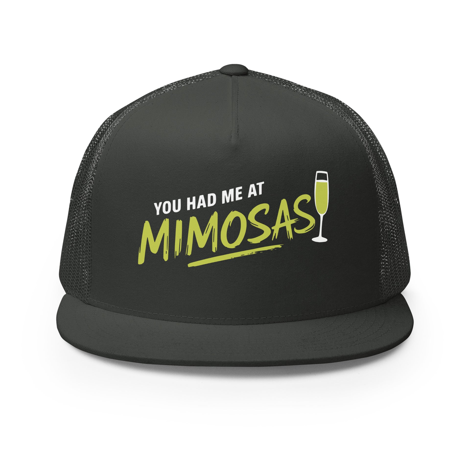 Charcoal flat bill trucker cap with 'You Had Me at Mimosas' text and champagne glass for Spring Break, Girls Trips, or Bachelorette Parties