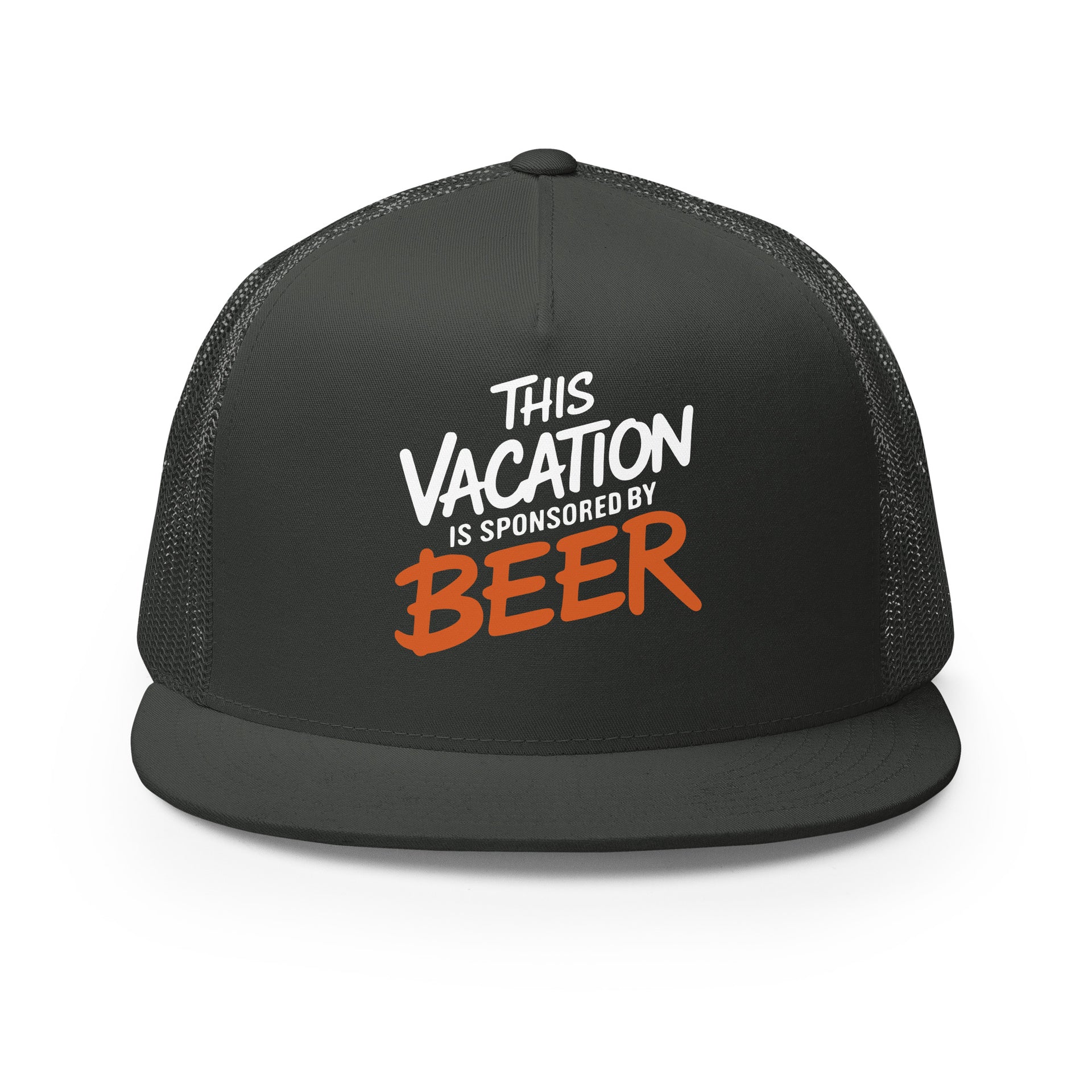 a Charcoal flat bill trucker hat with the phrase 'This Vacation is Sponsored by Beer' funny spring break, summer vacation, girls trip, bachelor party, and lake season designProduct mockup