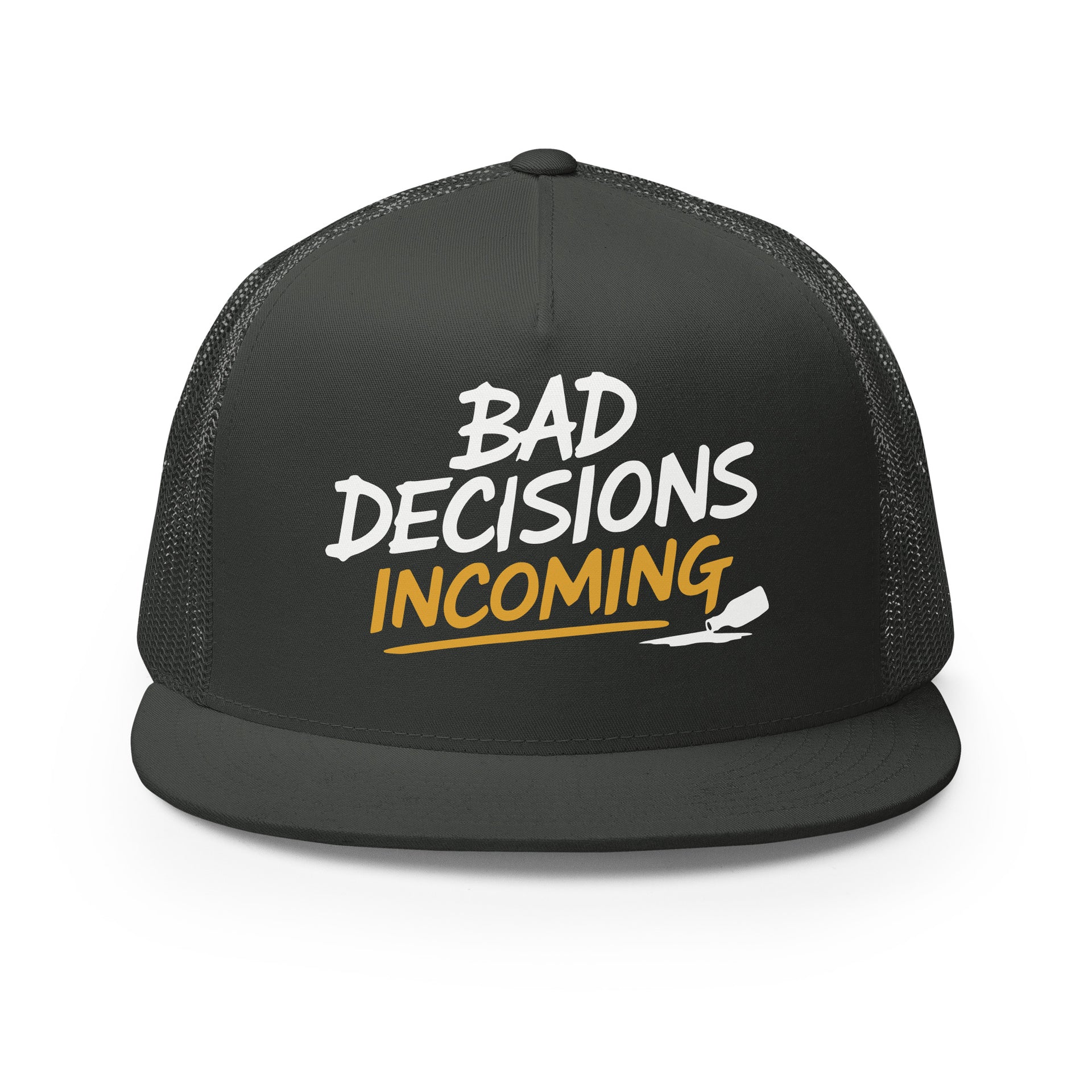 a charcoal flat bill trucker hat with the phrase "Bad Decisions Incoming" funny spriong break, summer vacation, beach trip, bachelor or bachelorette party designroduct mockup