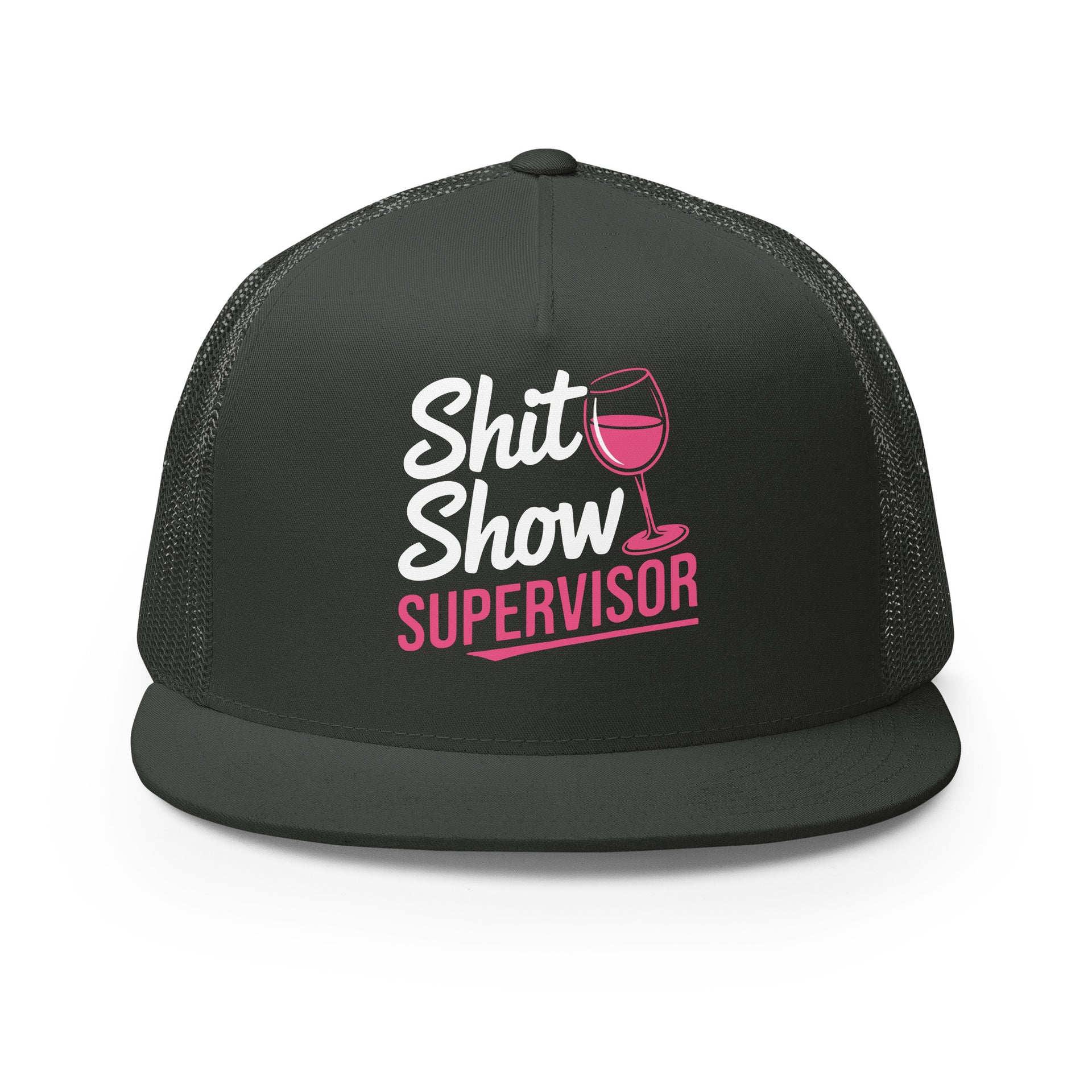 a charcoal premium flat bill trucker hat with the phrase Shit Show Supervisor funny girls trip, beach vacation, spring break, summer vacations, lake days design
