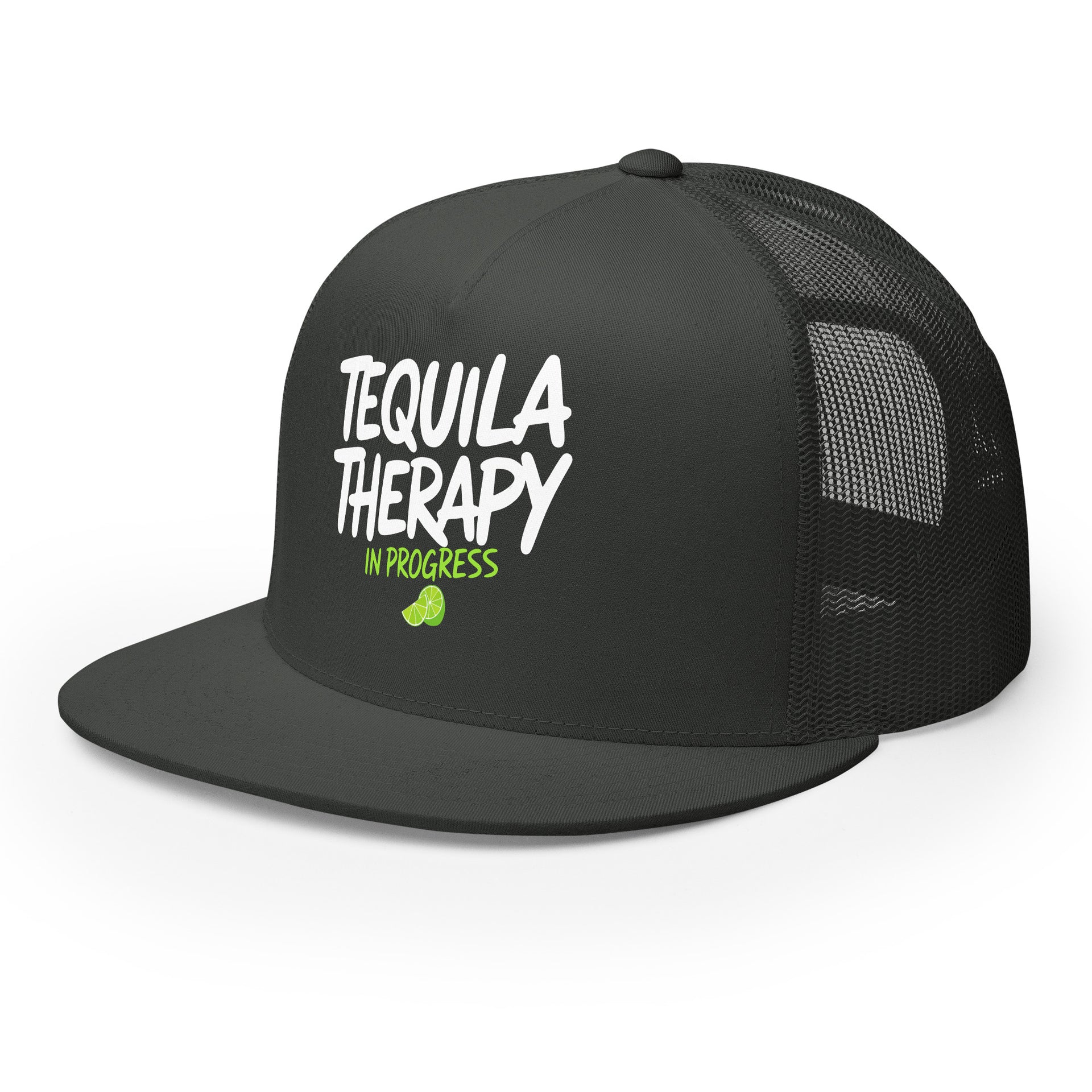 a charcoal flat bill trucker hat with the phrase "Tequila Therapy in Progress" funny spring break, girls trip, cinco de mayo design