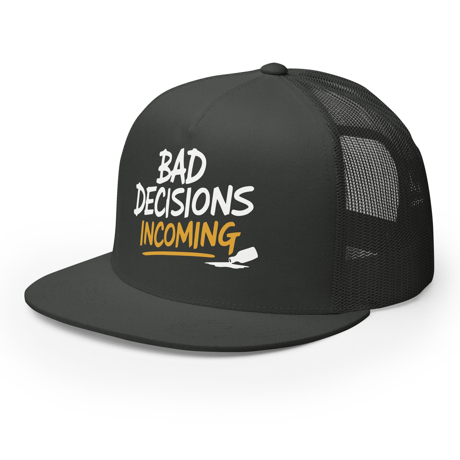 a charcoal flat bill trucker hat with the phrase "Bad Decisions Incoming" funny spriong break, summer vacation, beach trip, bachelor or bachelorette party designroduct mockup