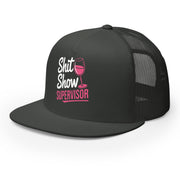 a charcoal premium flat bill trucker hat with the phrase Shit Show Supervisor funny girls trip, beach vacation, spring break, summer vacations, lake days design