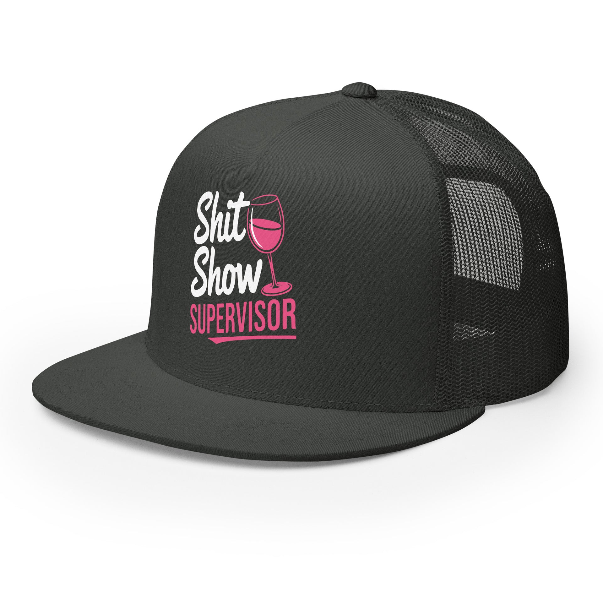 a charcoal premium flat bill trucker hat with the phrase Shit Show Supervisor funny girls trip, beach vacation, spring break, summer vacations, lake days design