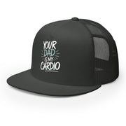 a gray premium flat bill trucker hat with 'Your Dad is My Cardio' text funny spring break, summer vacation, girls trip, lake days, bachelorette trip design