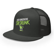 a black premium flat bill trucker hat with 'Avoid Hangovers Stay Drunk' text funny spring break, beach vacation, lake season, girls trip, guys trip, bachelor or bachelorette party design