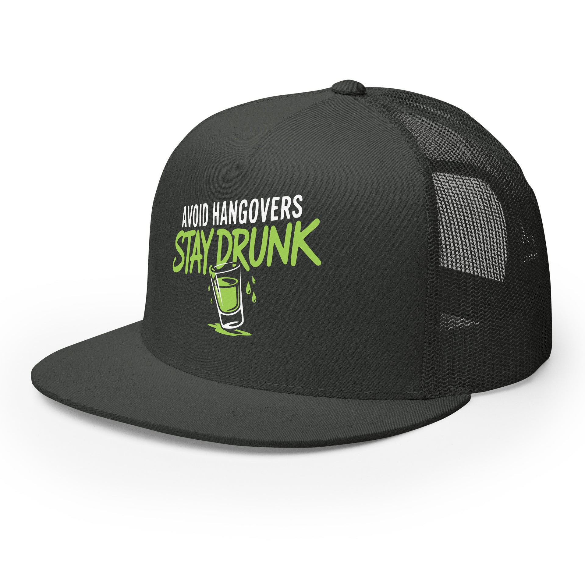 a black premium flat bill trucker hat with 'Avoid Hangovers Stay Drunk' text funny spring break, beach vacation, lake season, girls trip, guys trip, bachelor or bachelorette party design