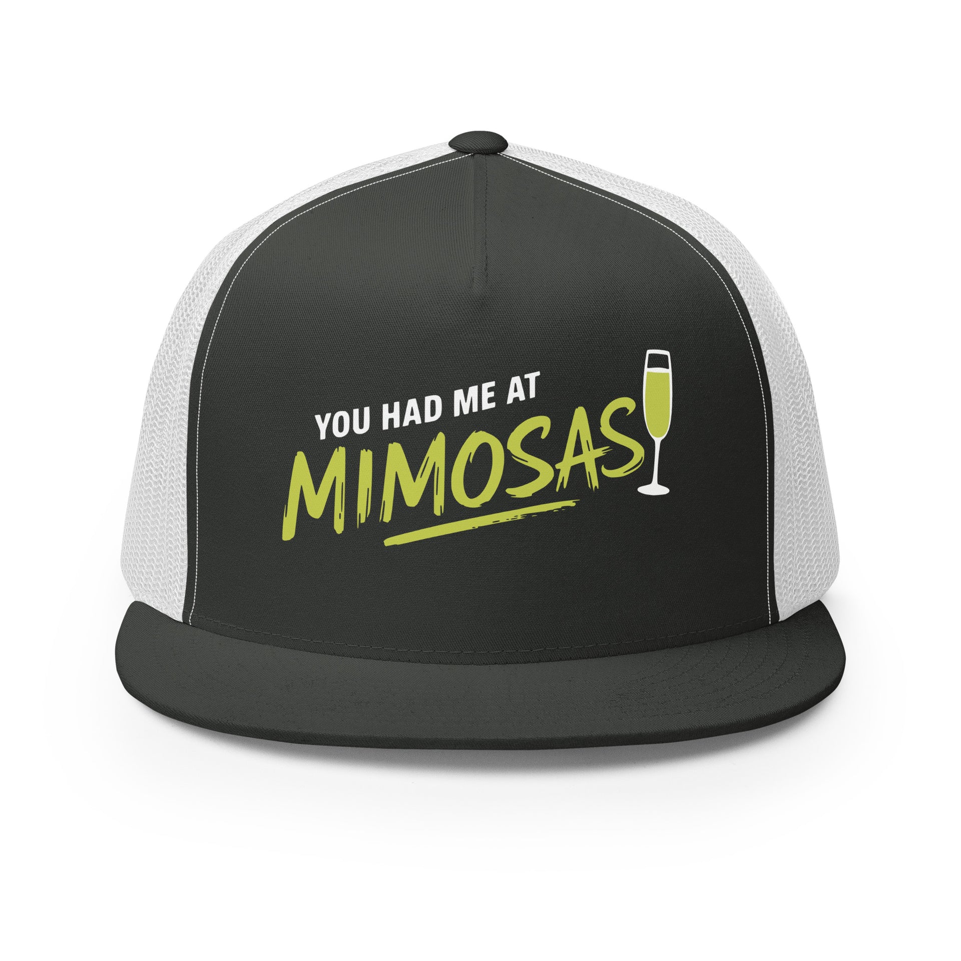 Charcoal and white flat bill trucker cap with 'You Had Me at Mimosas' text and champagne glass for Spring Break, Girls Trips, or Bachelorette Parties