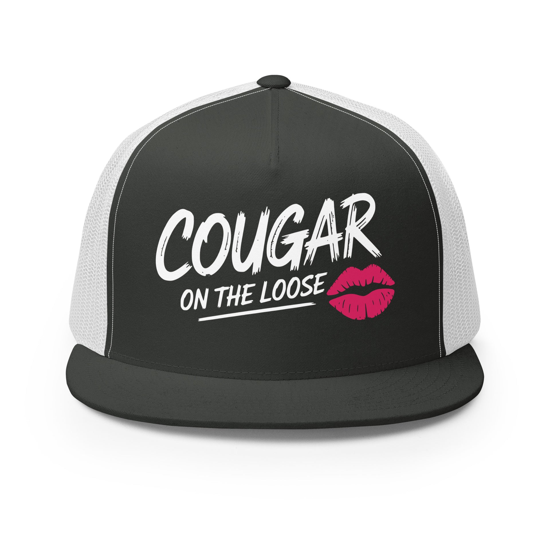 a charcoal and white flat bill trucker hat with the phrase 'Cougar on the Loose' funny beach trip, girls trip, bachelorette party, or spring break design