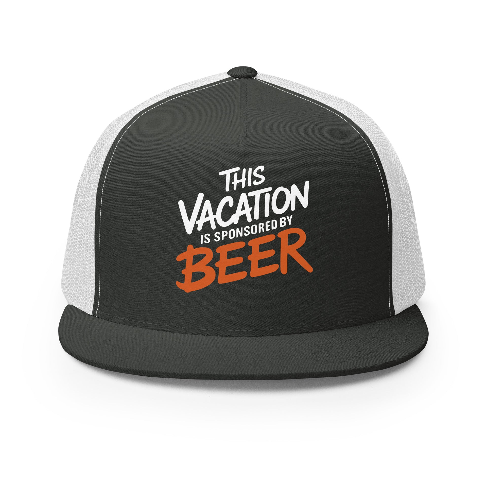a Charcoal and white flat bill trucker hat with the phrase 'This Vacation is Sponsored by Beer' funny spring break, summer vacation, girls trip, bachelor party, and lake season designProduct mockup