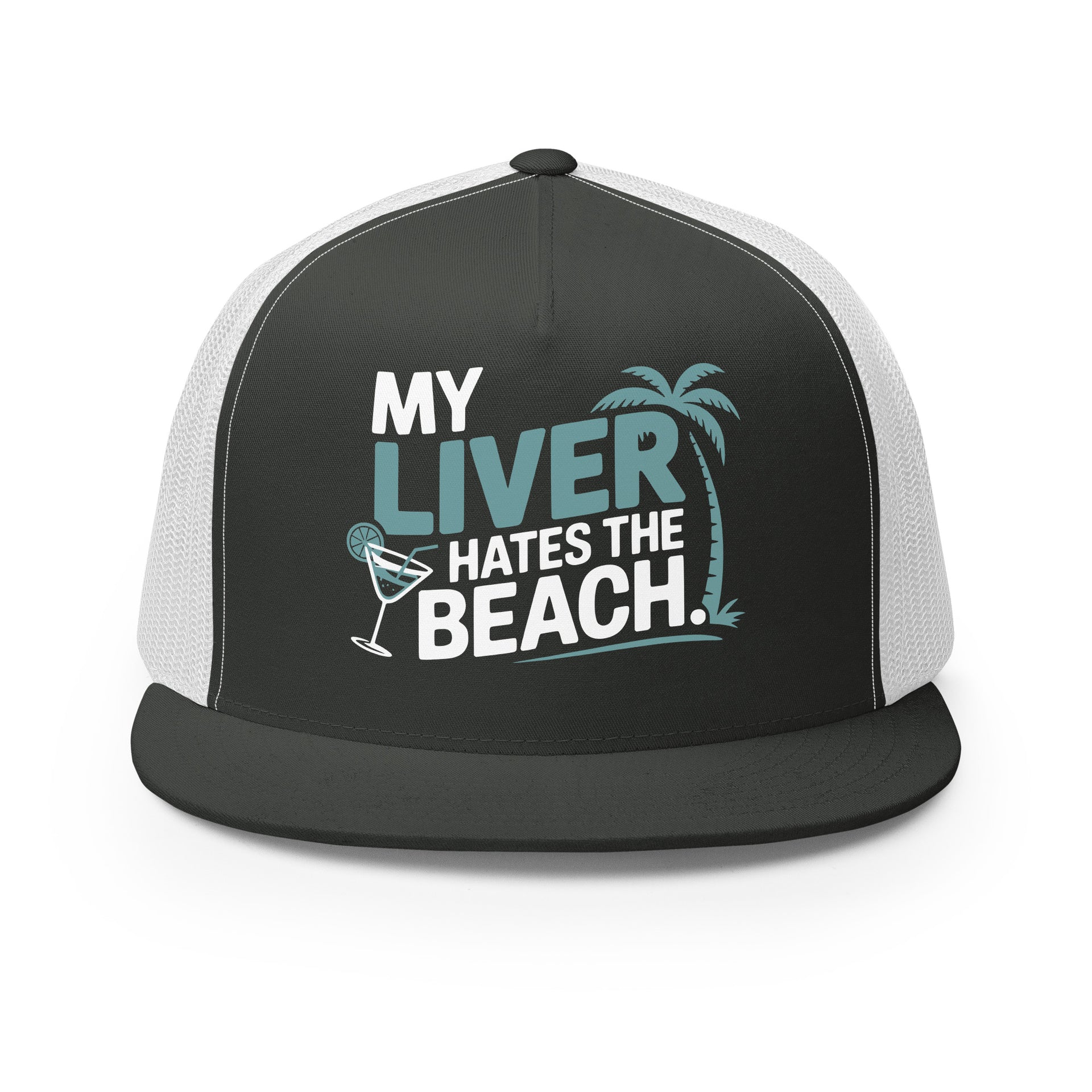 a charcoal and white flat bill trucker hat with the phrase 'My Liver Hates the Beach' funny spring break, beach season, girls trip, guys trip, or bachelor, bachelorette trip design