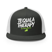 a charcoal and white flat bill trucker hat with the phrase "Tequila Therapy in Progress" funny spring break, girls trip, cinco de mayo design