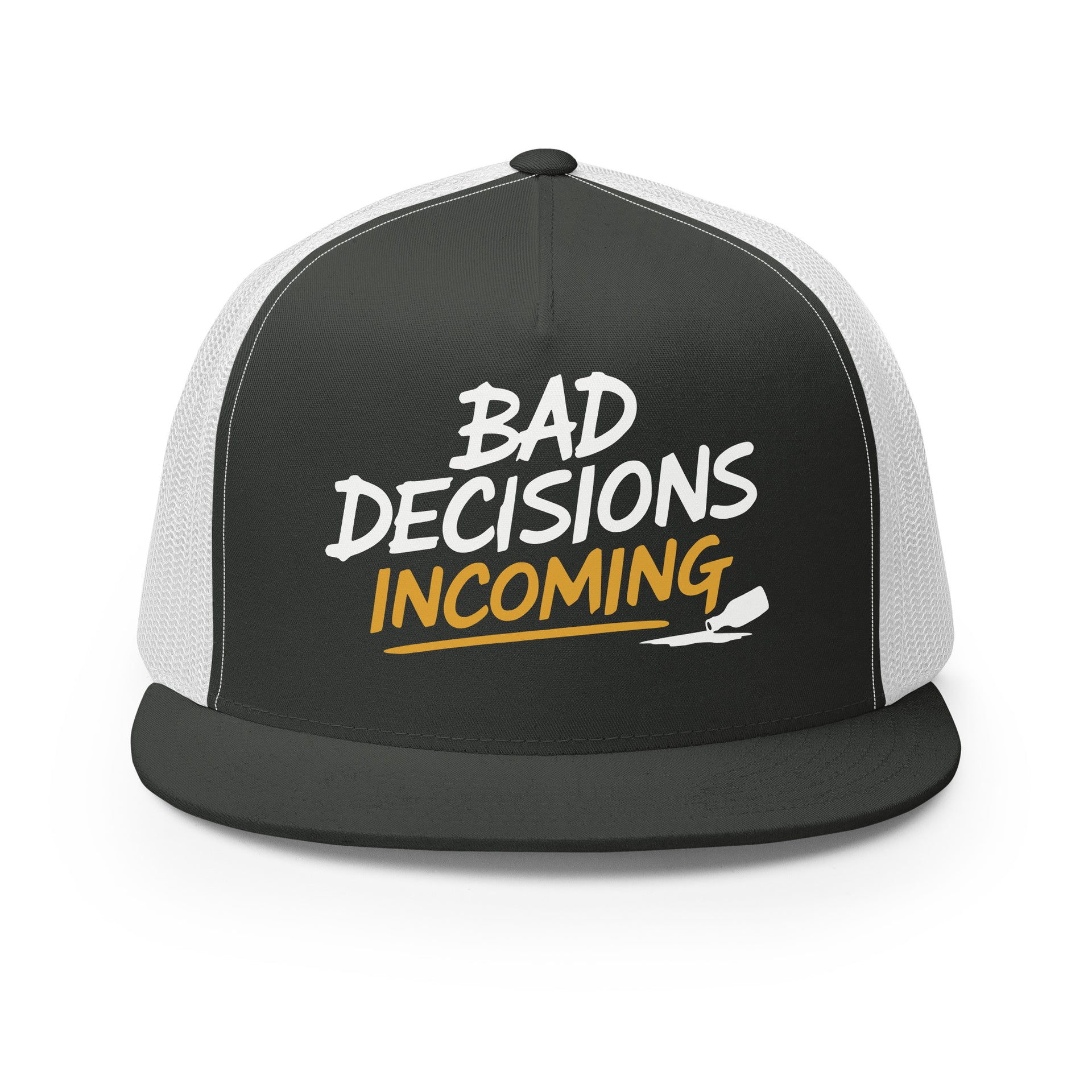 a charcoal and white flat bill trucker hat with the phrase "Bad Decisions Incoming" funny spriong break, summer vacation, beach trip, bachelor or bachelorette party designroduct mockup