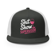 a charcoal and white premium flat bill trucker hat with the phrase Shit Show Supervisor funny girls trip, beach vacation, spring break, summer vacations, lake days design