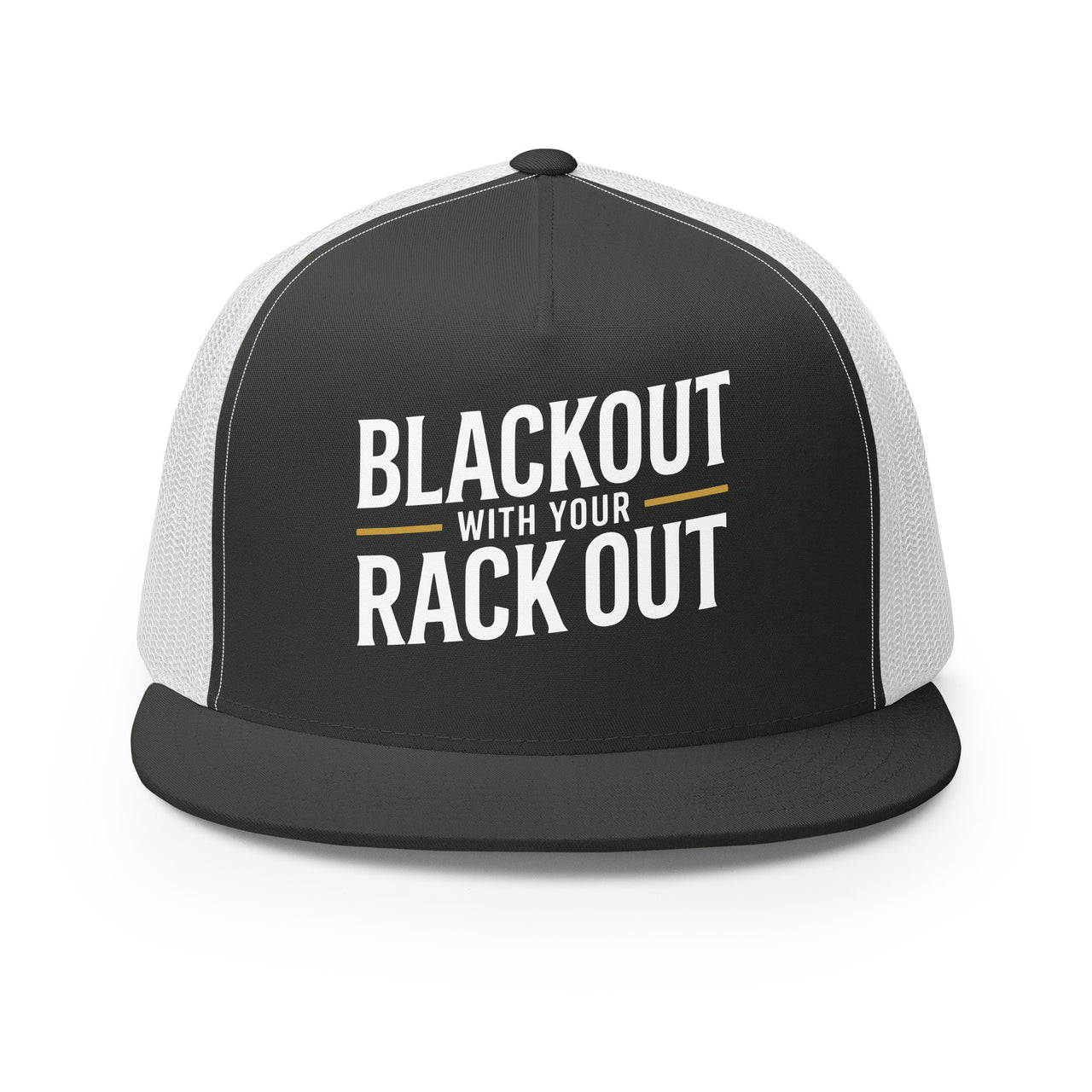 a charcoal and white premium flat bill trucker hat with the phrase 'Blackout with your Rack Out" funny spring break, beach vacation, girls trip, bachelorette party design